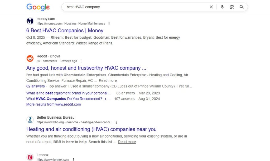 Google search results for "best HVAC company" in 2026, highlighting top resources and competitors with concise summaries.