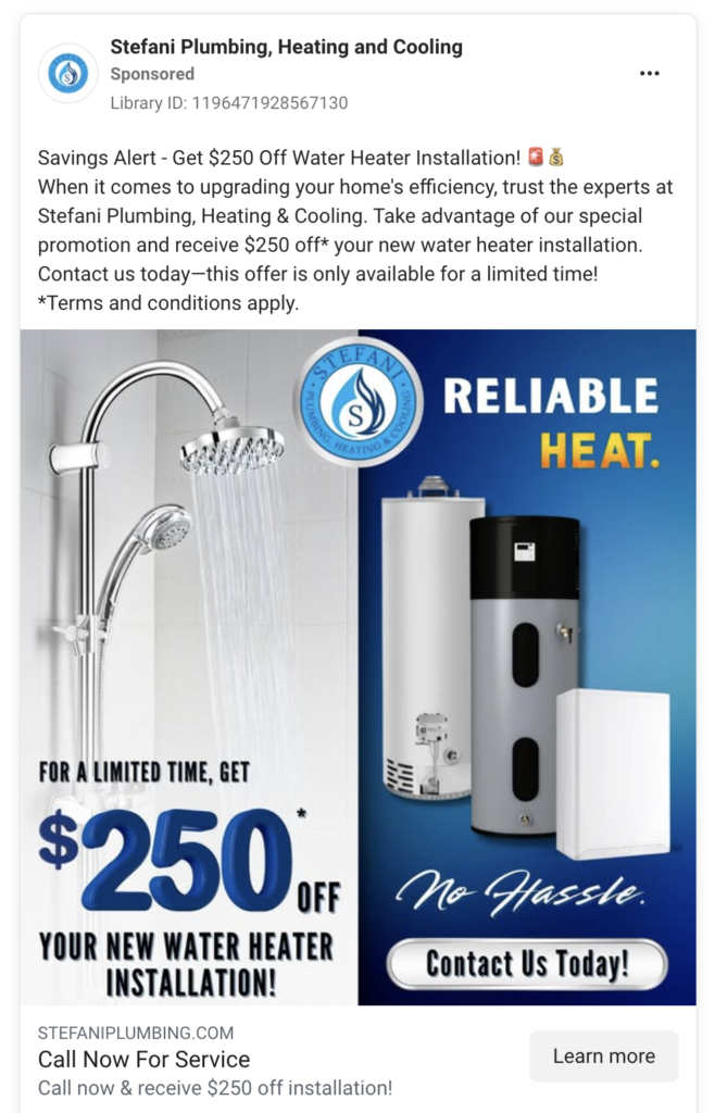 Screenshot of a high-converting plumbing Facebook Ads campaign featured on Hook Agencyās website.