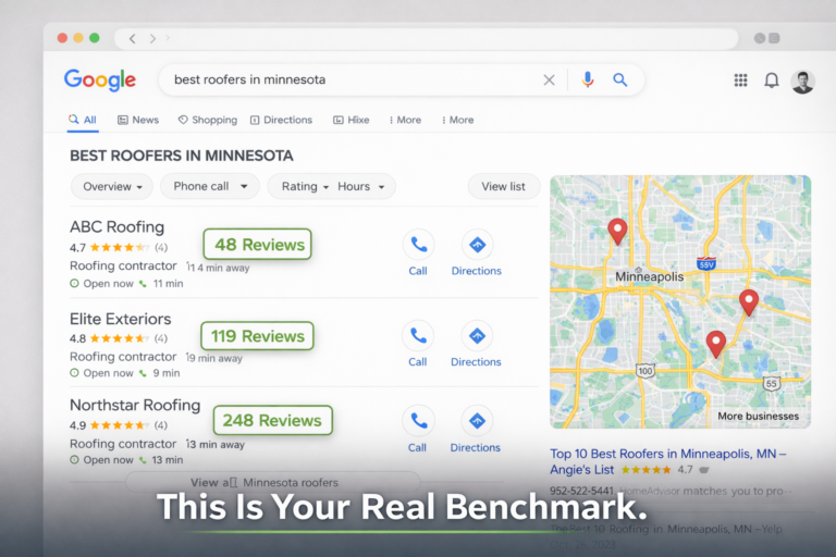 Google search for "best roofers in Minnesota" shows local results with star ratings, green review counts, map of Minneapolis, and "This Is Your Real Benchmark.