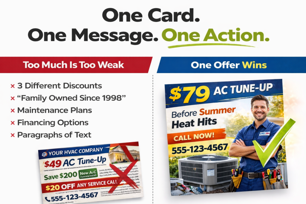 Side-by-side HVAC postcards: left is overcrowded and marked wrong; right showcases Hook Agency's direct mail best practices—clear $79 AC tune-up, smiling tech, bold CTA.