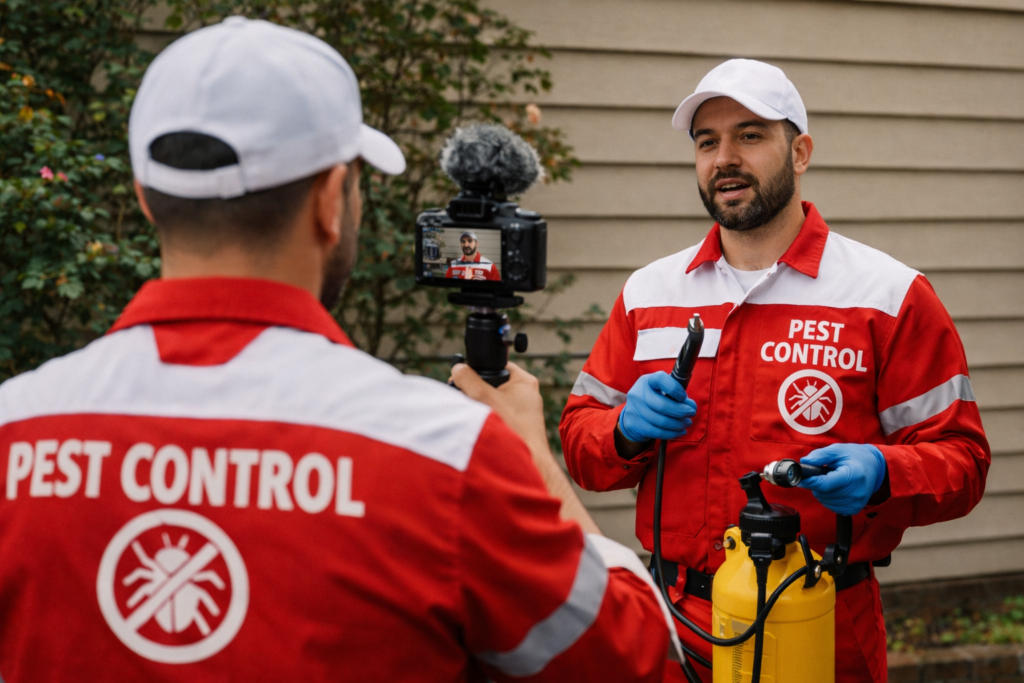 Two pest control pros in red uniforms film a video outside a home; one demonstrates equipment as the other records.