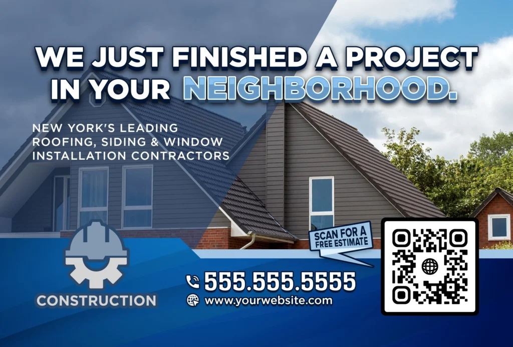 Construction company flyer with houses, QR code, “Project completed in your area,” plus contact info and free estimate offer.