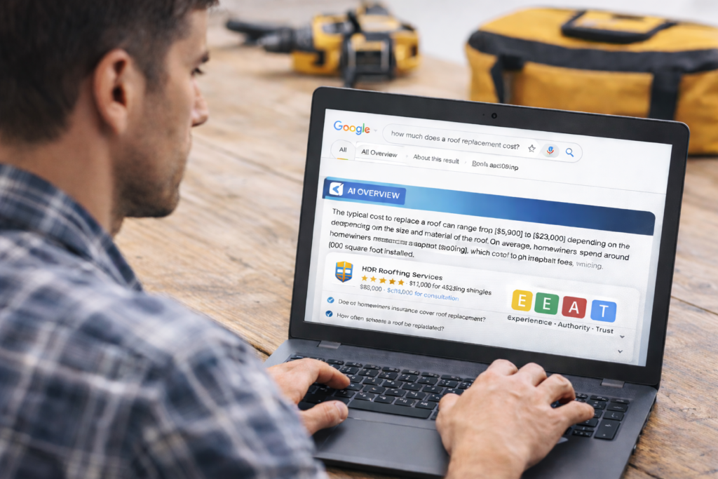 Man at wooden table types on laptop showing AI search for roof replacement cost; screen highlights Hook Agency's expertise.