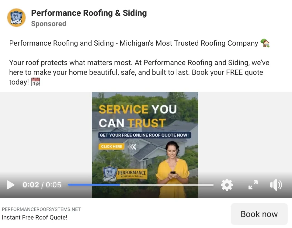 Performance Roofing & Siding Facebook ad: woman in yellow jacket with phone, "Service You Can Trust," Book Now button, free quote offer.