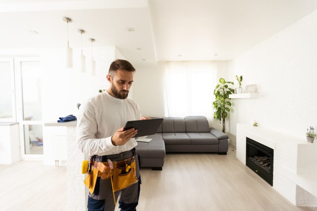 Contractor in tool belt reviews tablet in bright modern living room, likely analyzing Google Ads. White walls, grey sofa, plants.