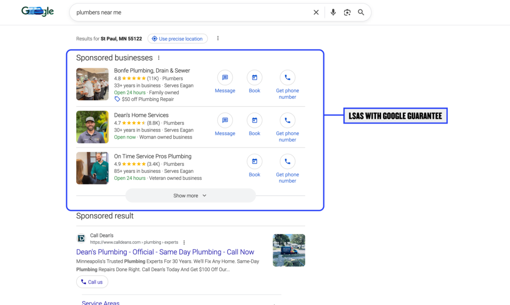 Screenshot of “plumbers near me” Google search, highlighting top-rated local service ads, Google Guarantee, and boosted contractor trust.