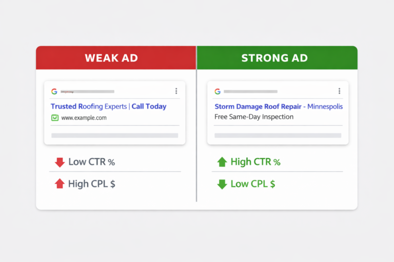 Comparison chart: Weak Google Ads (low CTR, high CPL, red arrows) vs. strong ads (high CTR, low CPL, green arrows).