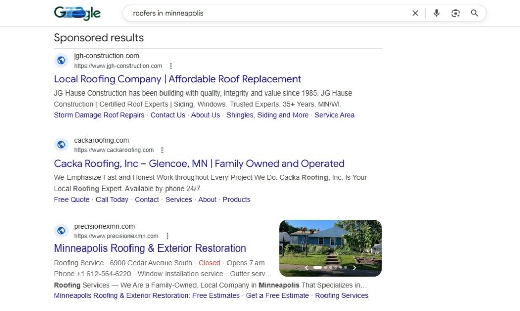 Screenshot of Google results for "roofers in minneapolis" showing three top sponsored ads—strong roofing ad examples with site links.
