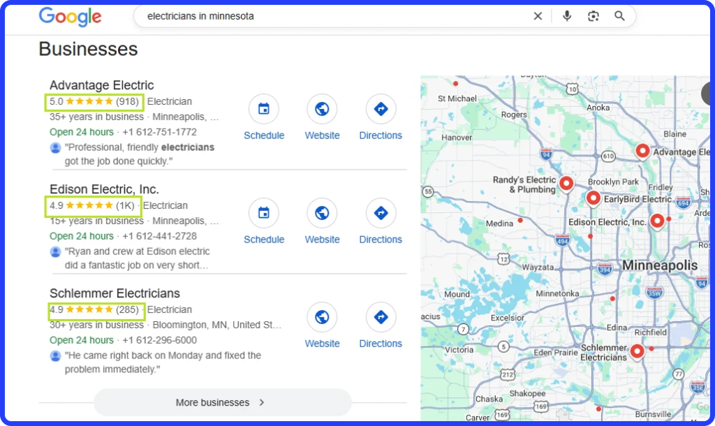 Google search for "electricians in Minnesota" displays three top firms with ratings, contacts, and a location map near Minneapolis.
