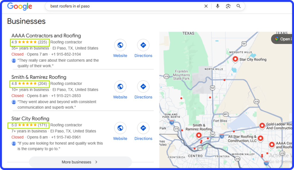 Google search screenshot for "best roofers in el paso" with a map and top listings: AAAA Contractors, Smith & Ramirez, Star City Roofing.