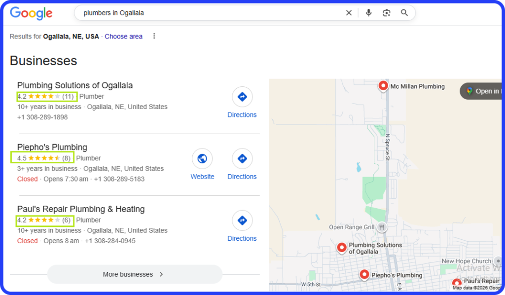 Google search screenshot for “plumbers in Ogallala” with top 3 listings, map, ratings, and directions visible.