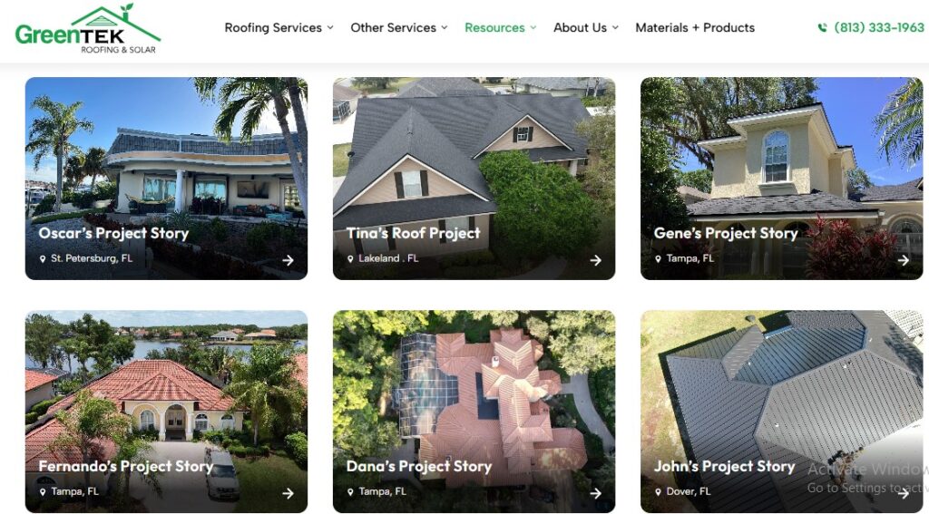 Hook Agency page displays six labeled aerial house images, GreenTek’s logo top left, green contact number right—showcasing expertise.