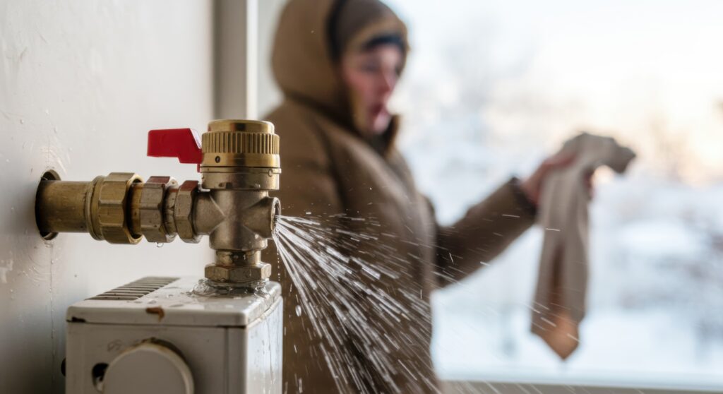 Water sprays from a leaking indoor pipe valve as a person in a winter coat holds a cloth in the backgroundāideal plumbing ad image.