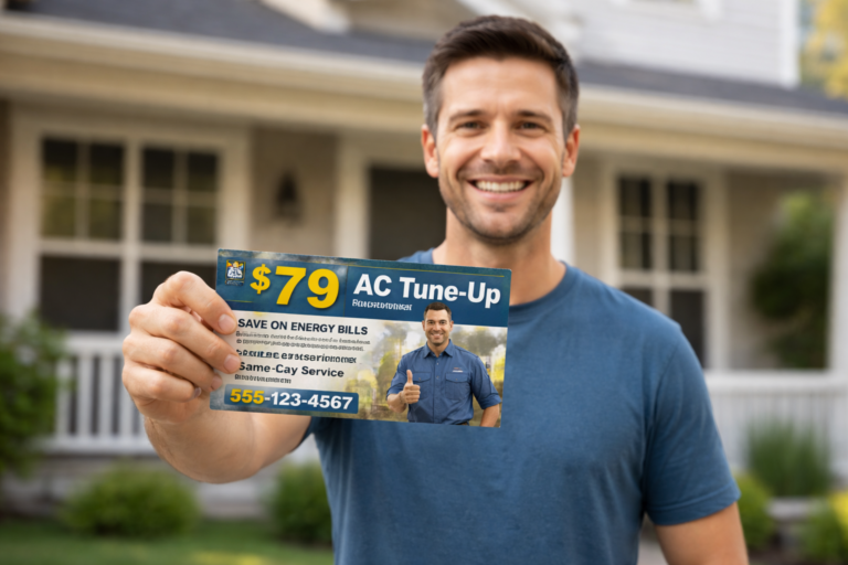 Smiling man outside a house holds HVAC postcard: $79 AC tune-up, technician photo, contact 555-123-4567—proven marketing in action.