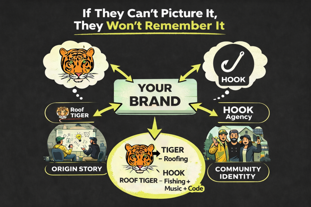 Diagram on Hook Agency’s site: Tiger and hook icons lead “YOUR BRAND” to “Origin Story,” “Community Identity,” and relatable branding.