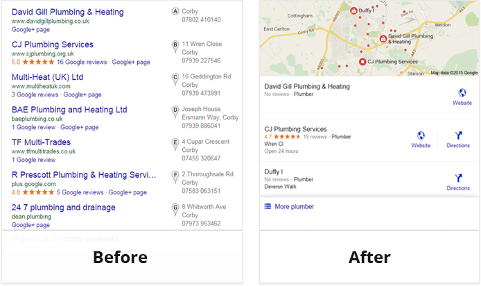 Compare: Text list of plumbing and heating services vs. map view. Company info enables fast search and improved client experience.