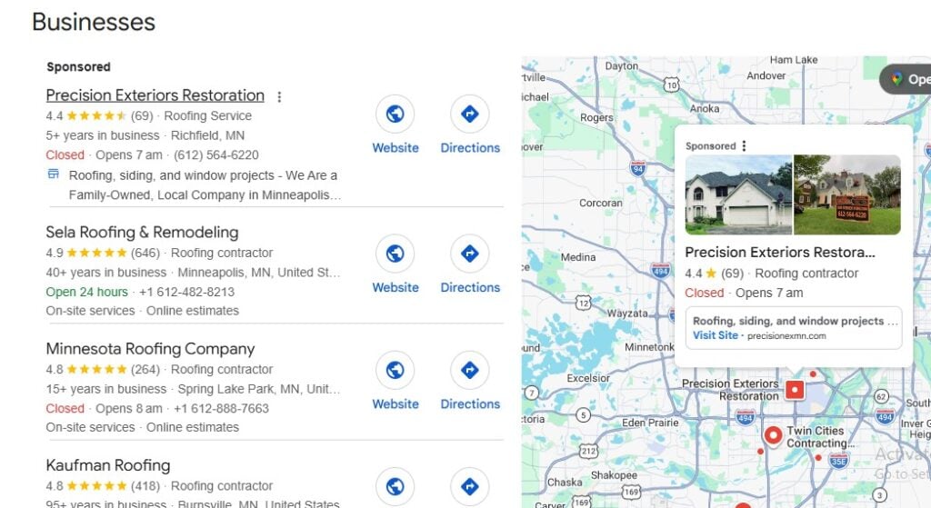 Google search results for Minneapolis roofing companies; left: business details, right: map with Precision Exteriors Restoration ad.