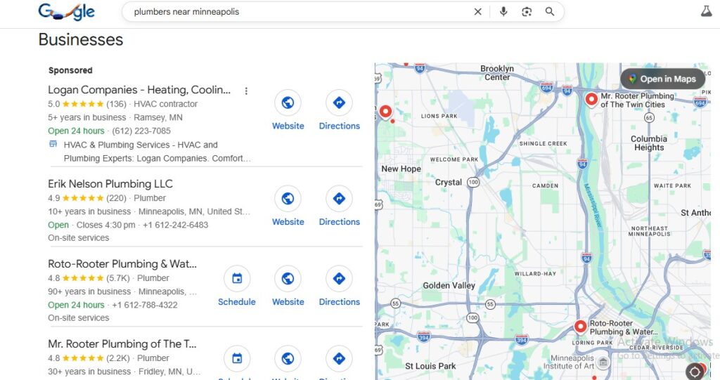 Google search results for "plumbers near minneapolis," featuring local listings and mapākey data for optimizing Plumbing Facebook Ads.
