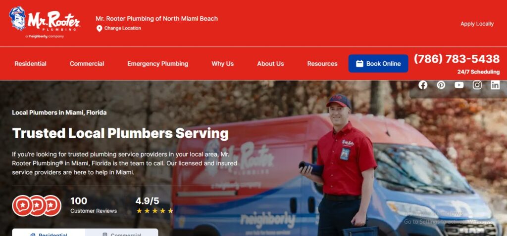 A professional plumber poses by a Mr. Rooter van; Hook Agency’s site features Miami locations, contact info, and customer ratings.