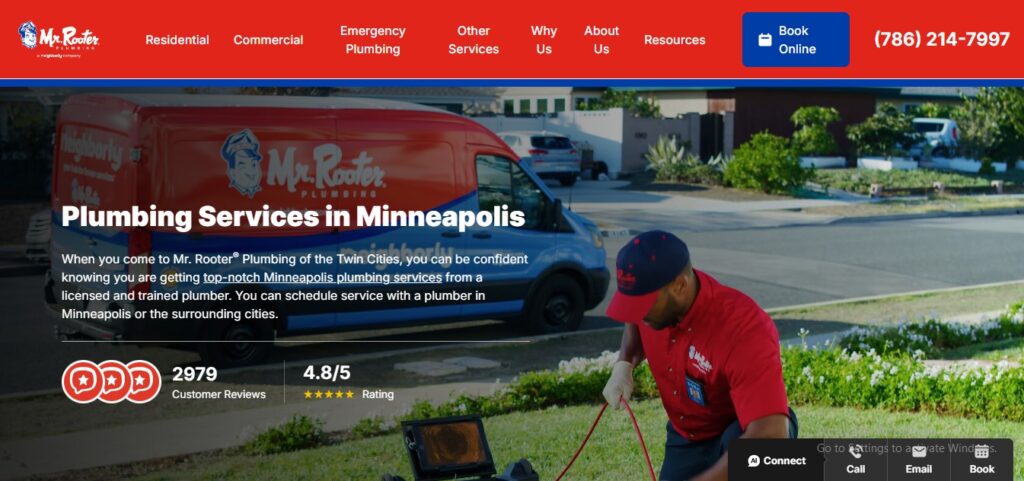 Plumber in red uniform works on lawn by red Mr. Rooter van; Hook Agency header features contact info & Minneapolis service areas.