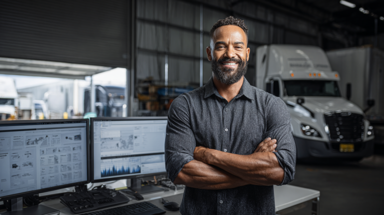 Bearded man smiles confidently in front of monitors comparing logistics data on multiple vs single websites, warehouse, trucks behind.