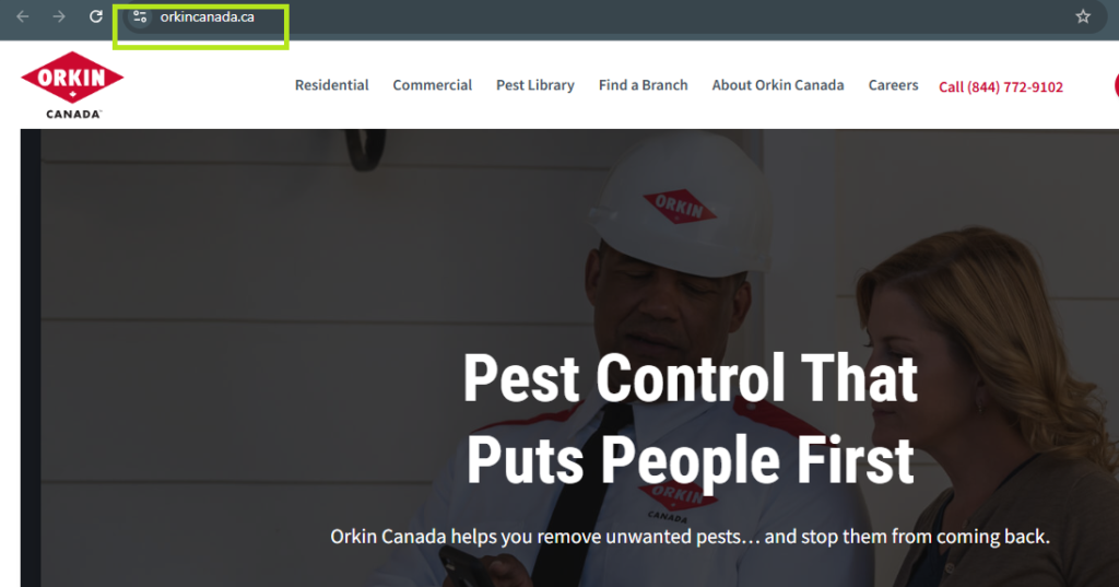 Orkin Canada homepage: Orkin professional and client talking, "Pest Control That Puts People First," URL at top, multi-location.