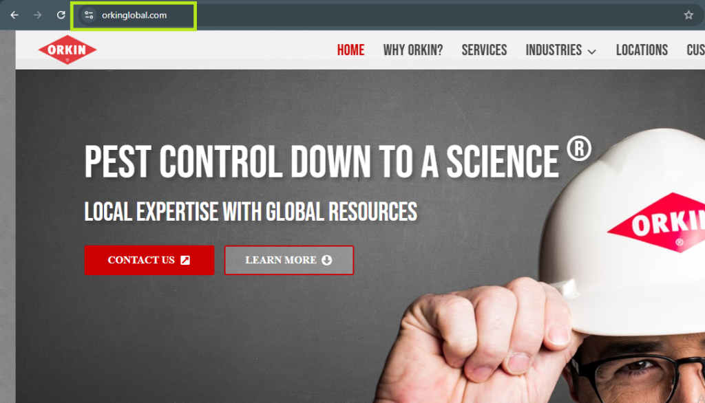 Orkin Global homepage screenshot with "PEST CONTROL DOWN TO A SCIENCE," Orkin rep, and action buttons for multi-location reach.