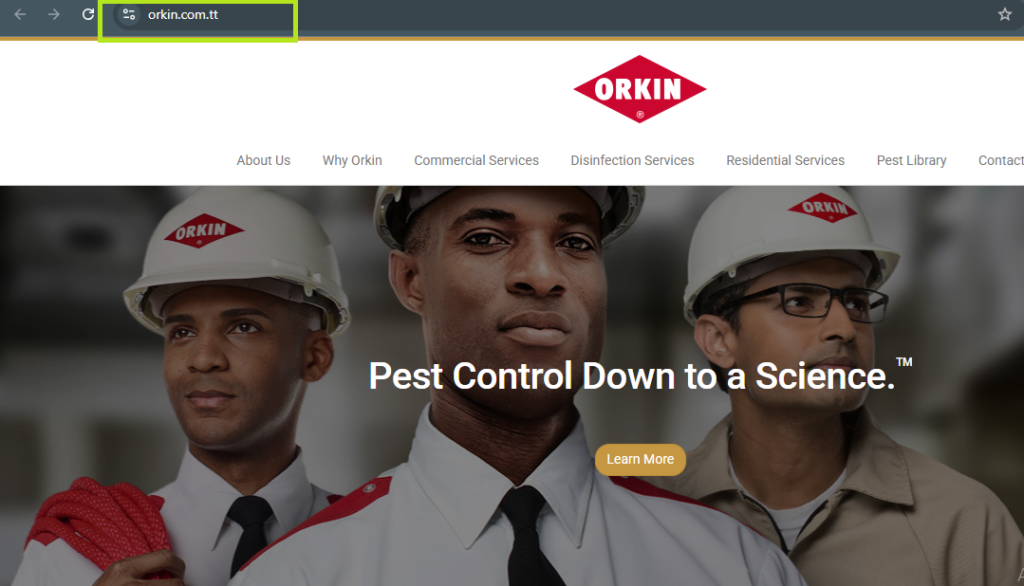 Screenshot of Orkin site on orkin.com.tt, showing 3 uniformed staff and tagline: "Pest Control Down to a Science," multi-location.