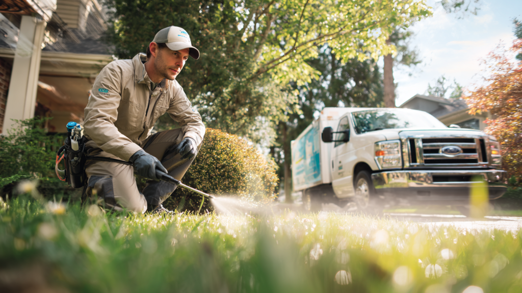Uniformed worker sprays lawn for pests beside a white service van in a sunlit residential area—ideal for pest control blog content.