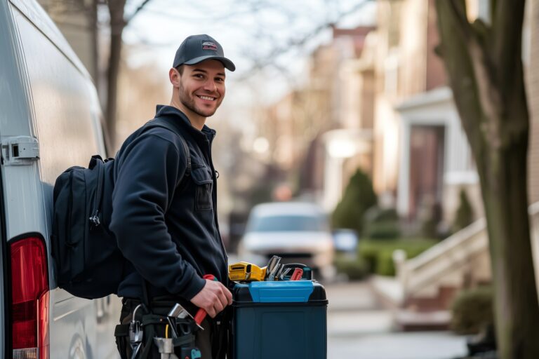 Professional maintenance worker with blue toolbox and tool belt stands by van on a residential street; ideal for plumbing ads.