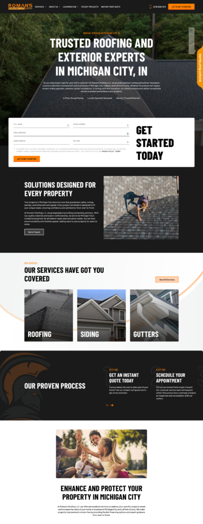Screenshot on Hook Agency’s site of Roman’s Roofing services in Michigan City, with E-E-A-T focus, header, form, and CTA.