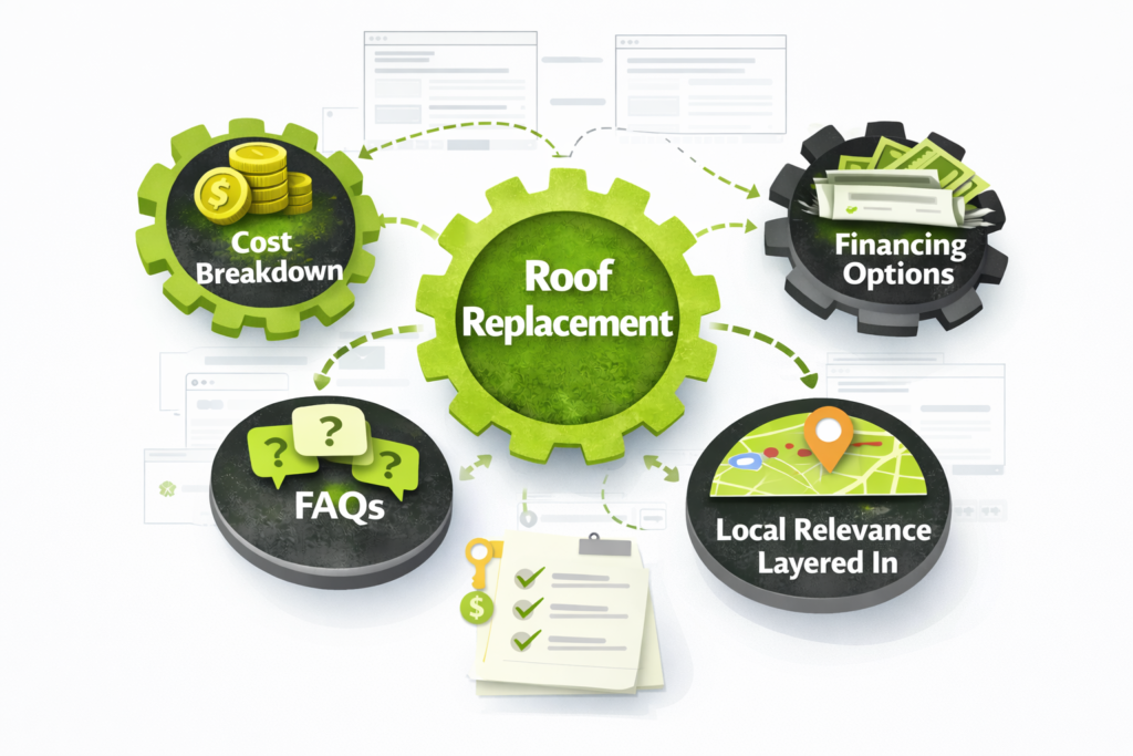 Central green "Roof Replacement" gear links to "Cost Breakdown", "Financing Options", "FAQs", and "Local Relevance" gears—AI SEO playbook.