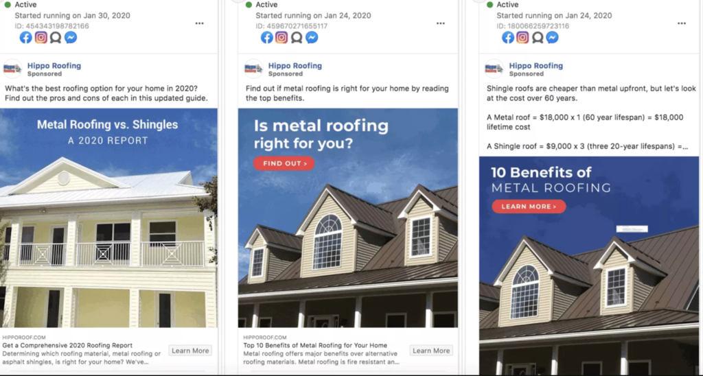 Three Hippo Roofing Facebook ads showcase roofing styles, metal vs. shingle guides, and benefits with strong call-to-action buttons.