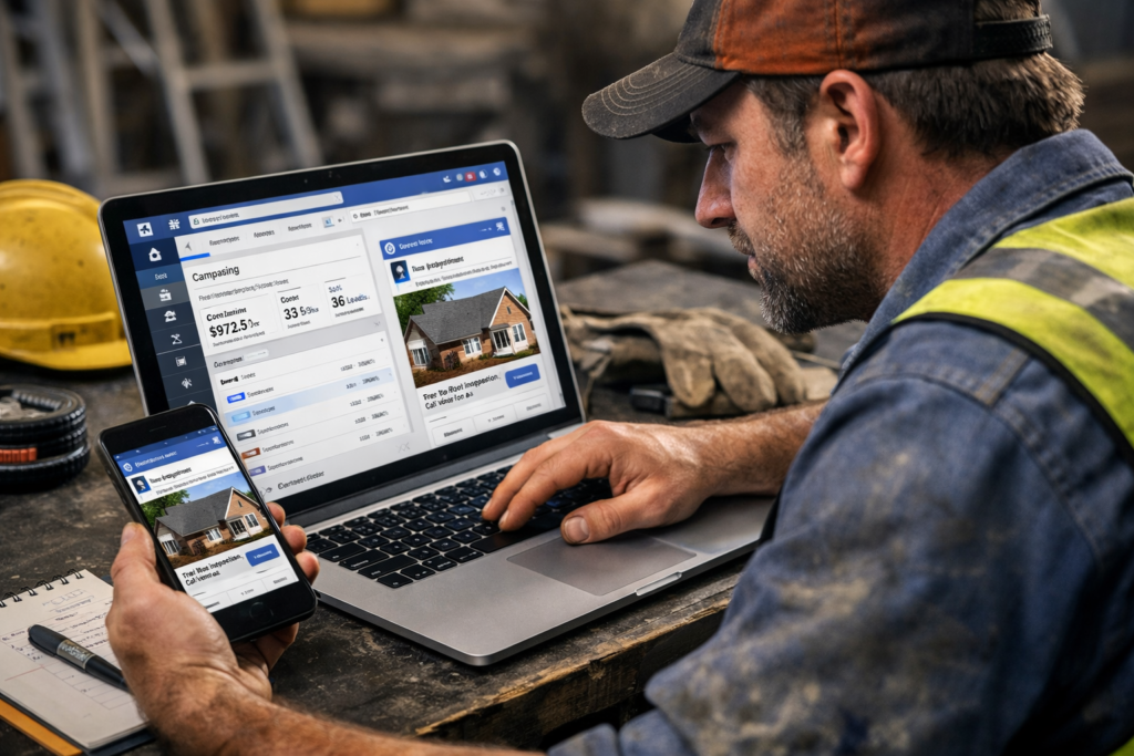 Construction worker in safety vest analyzes Roofing Facebook Ads on laptop and phone, viewing charts and house images onsite.