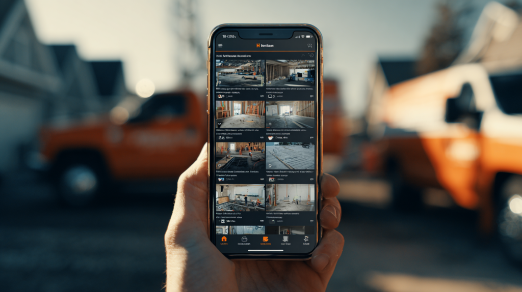 A hand holds a phone showing a construction management app with shareable job site photos; blurred trucks and houses are behind.