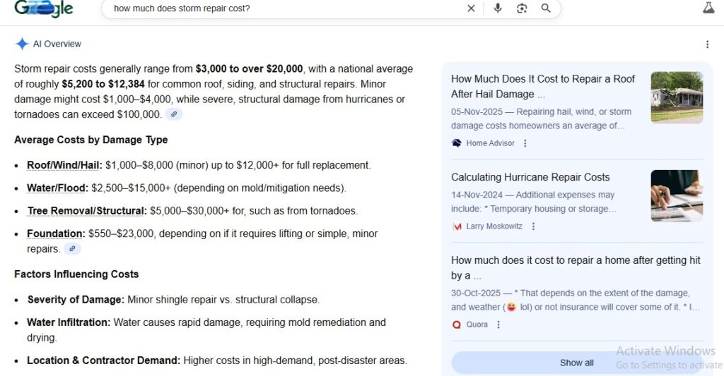 Screenshot of Google search for storm repair costs, showcasing E-E-A-T results, cost breakdowns, key factors, and related queries.