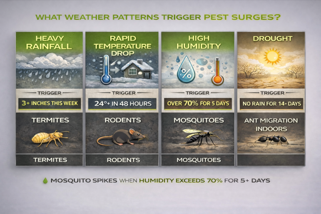 Infographic: Key weather factors—rain, cold snaps, humidity, drought—drive pest surges; icons show termites, rodents, ants, mosquitoes.