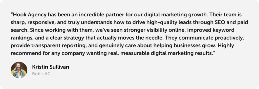 Kristin Sullivan of Panther HVAC praises Hook Agency for boosting online visibility, keyword rankings, and providing proactive service. Her profile photo appears beside the testimonial.