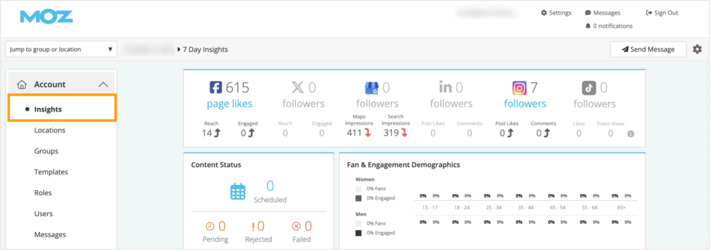 Screenshot of Hook Agency’s 2026 analytics dashboard showing key metrics; “Insights” tab selected for actionable SEO integration.