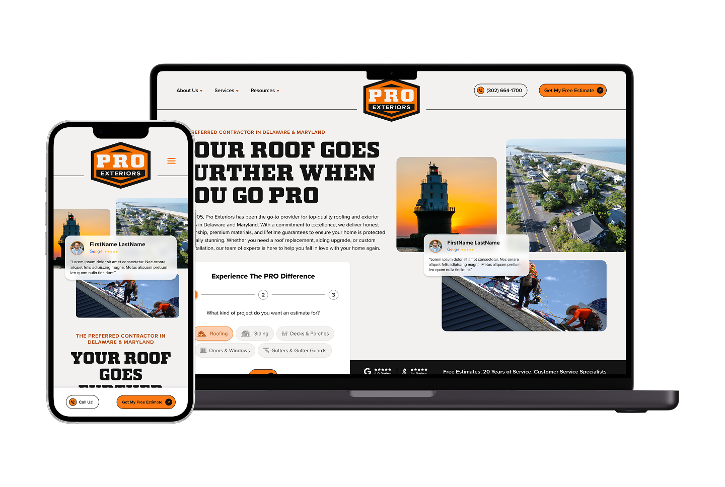 Laptop and smartphone show Pro Exteriors’ homepage: lighthouse image, roofing crew, clear menus, CTA button, project lookbook.