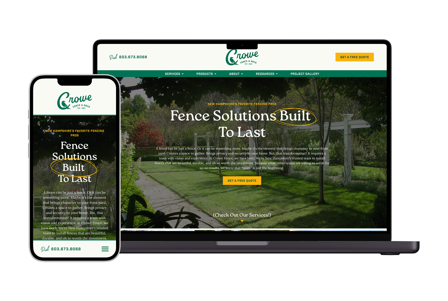 Smartphone and laptop show Hook Agency’s landscaping site: lookbook layout, “Fence Solutions Built To Last,” yellow quote button.