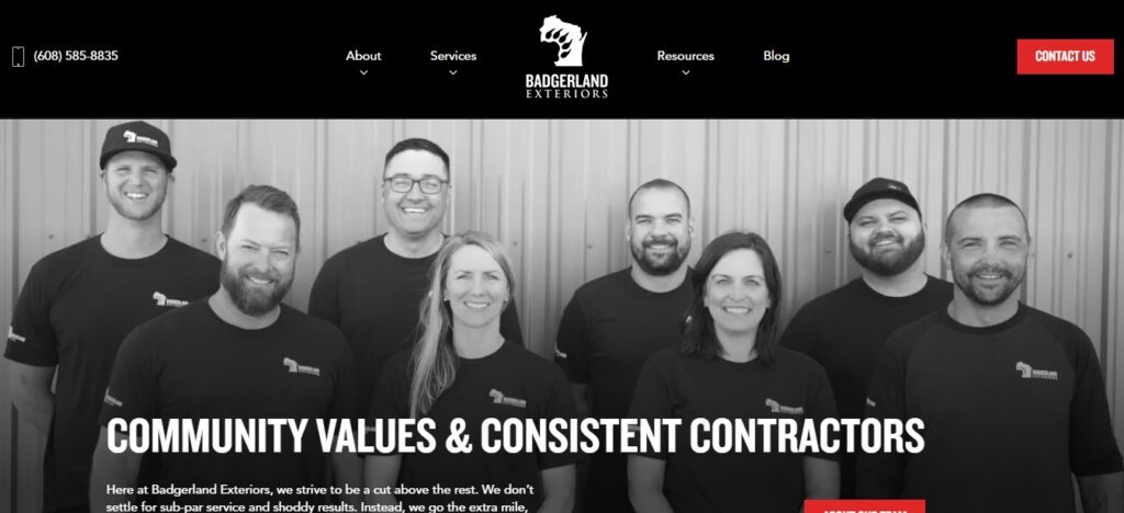 Eight Badgerland Exteriors team members pose in uniform before a dark backdrop; Hook Agency header and menu shown above.