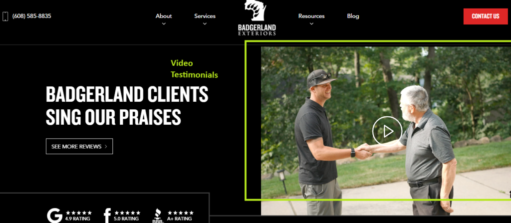 Screenshot on Hook Agency’s site: Badgerland Exteriors page features client praise, handshake photo, clear nav, and Contact Us button.