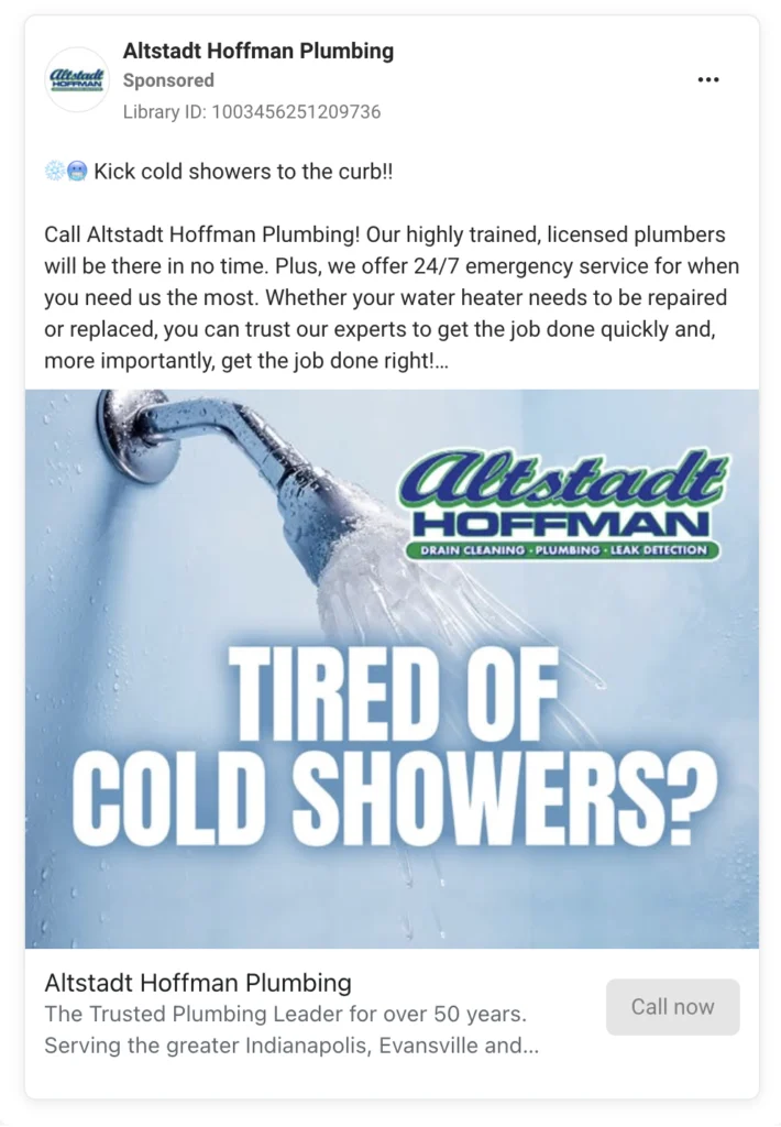 Showerhead sprays water with “TIRED OF COLD SHOWERS?” text and Altstadt Hoffman Plumbing logo. 24/7 emergency plumbing service.