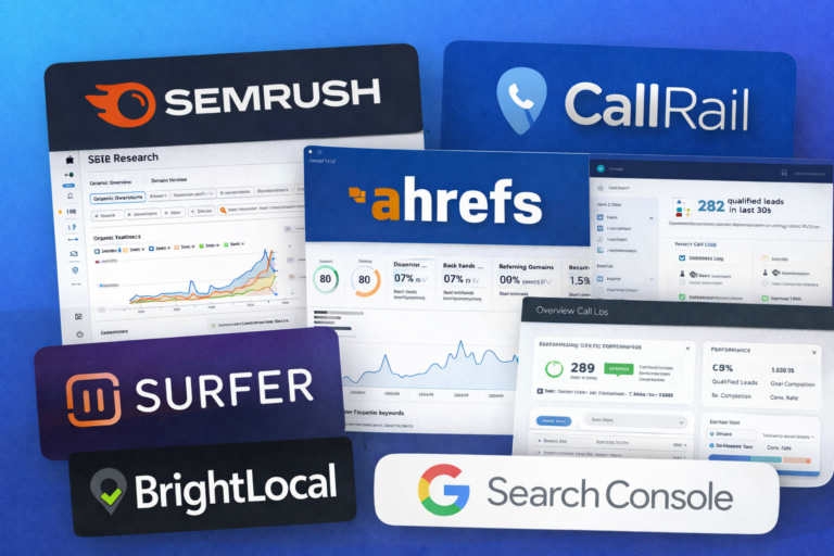 Collage of top SEO tool logos and dashboards—SEMrush, CallRail, Ahrefs, Surfer, BrightLocal, GSC—on a blue gradient background.