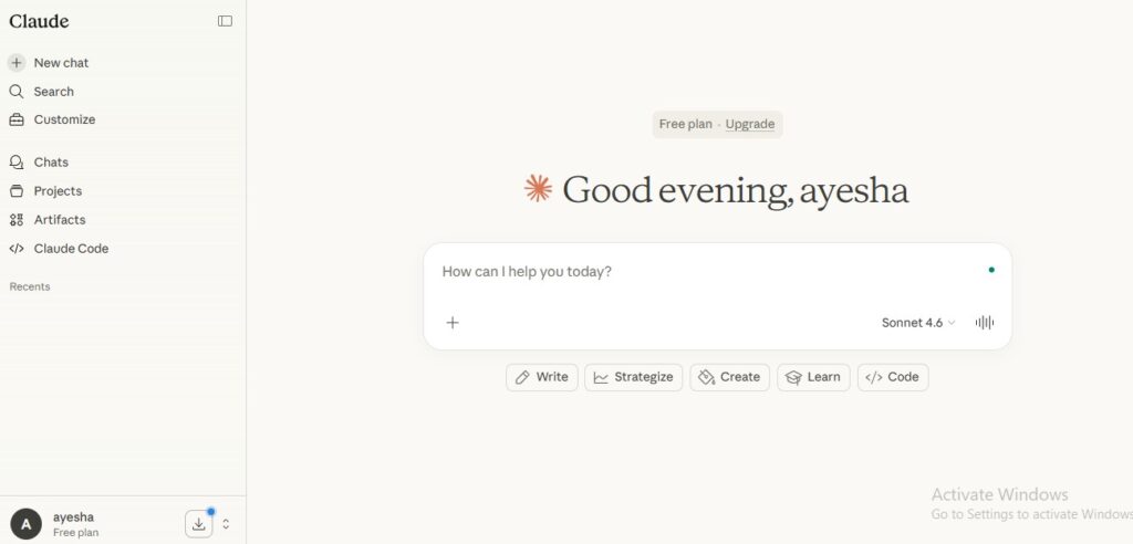 Screenshot of Claude AI dashboard on Hook Agency’s site, greeting “Good evening, ayesha,” with options for Chats, Projects, and Claude Code. Ideal for brainstorming or planning leading SEO tools for 2026.
