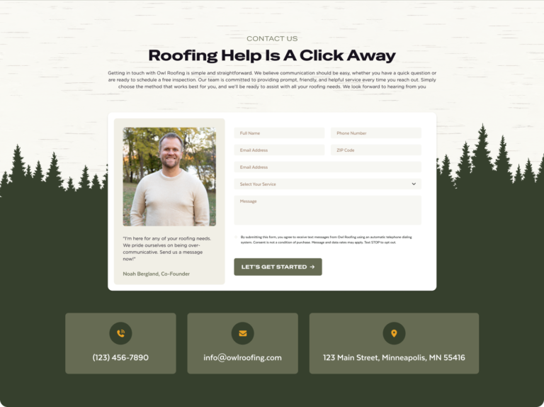 Contact Hook Agency for roofing help—smiling man photo left, form right, contact info below on forest-themed background.