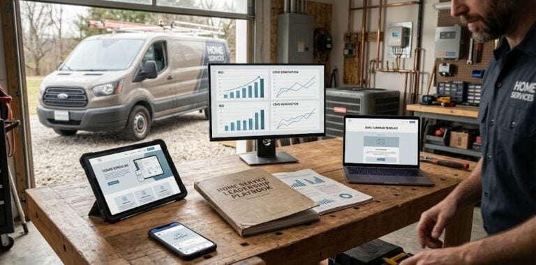 Workbench with devices showing charts; "Home Service Lead Generation Playbook" binder and van, highlighting content strategy.