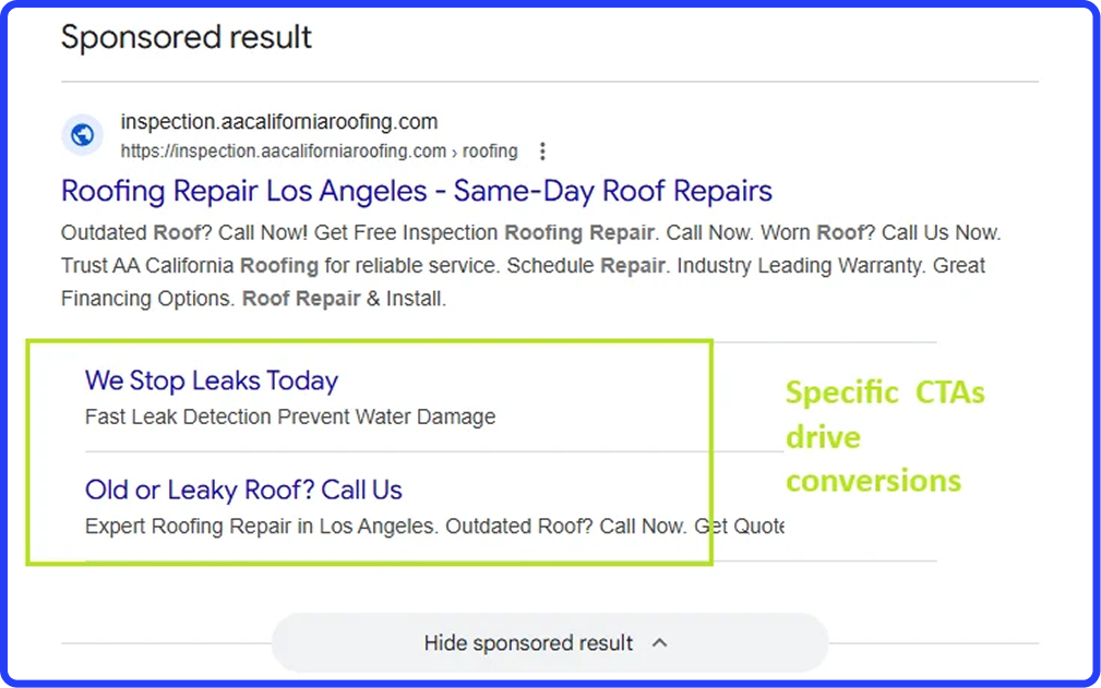 Google ad for LA roof repair features rapid leak detection, expert service, and "We Stop Leaks Today" CTA. Boost ROI with low CPL.