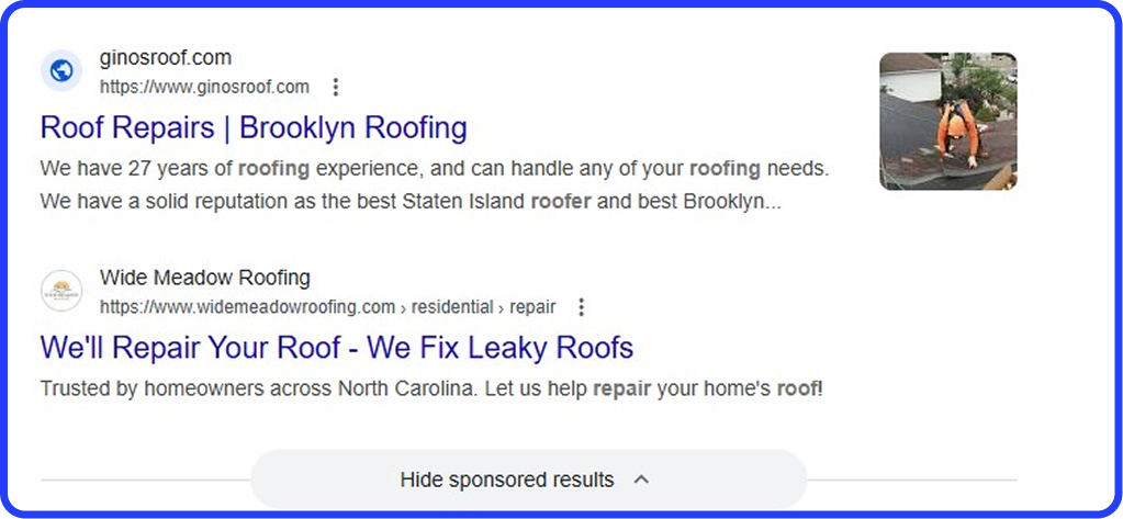 Screenshot of Google search ads for roofing, featuring "Roof Repairs | Brooklyn Roofing" and "Wide Meadow Roofing" as lead examples.